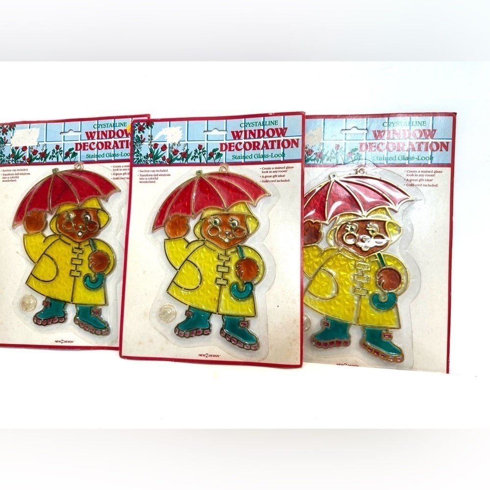 VTG Lot Of 3 Bear in Raincoat Crystalline Sun Catcher Stained Glass Look NIB